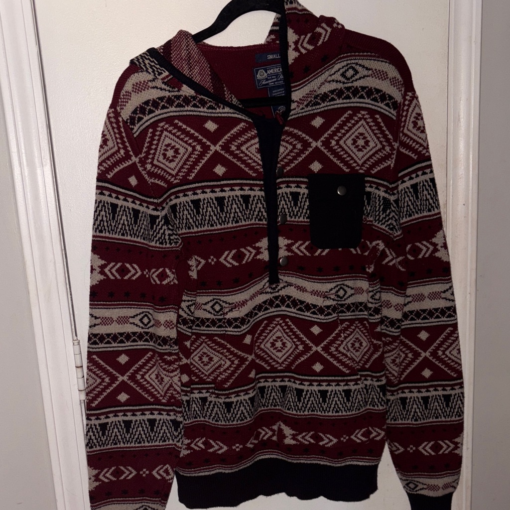 American Rag Men's Zip Up Sweater - Red, Black Aztec Pattern Cabincore Southwest